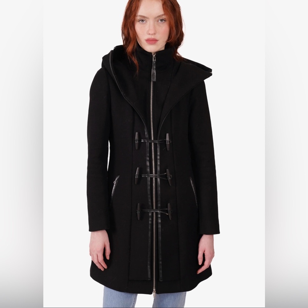 Mackage Steffy Wool Leather Toggle Black Hooded Full Zip Trench Pea Coat Aritzia